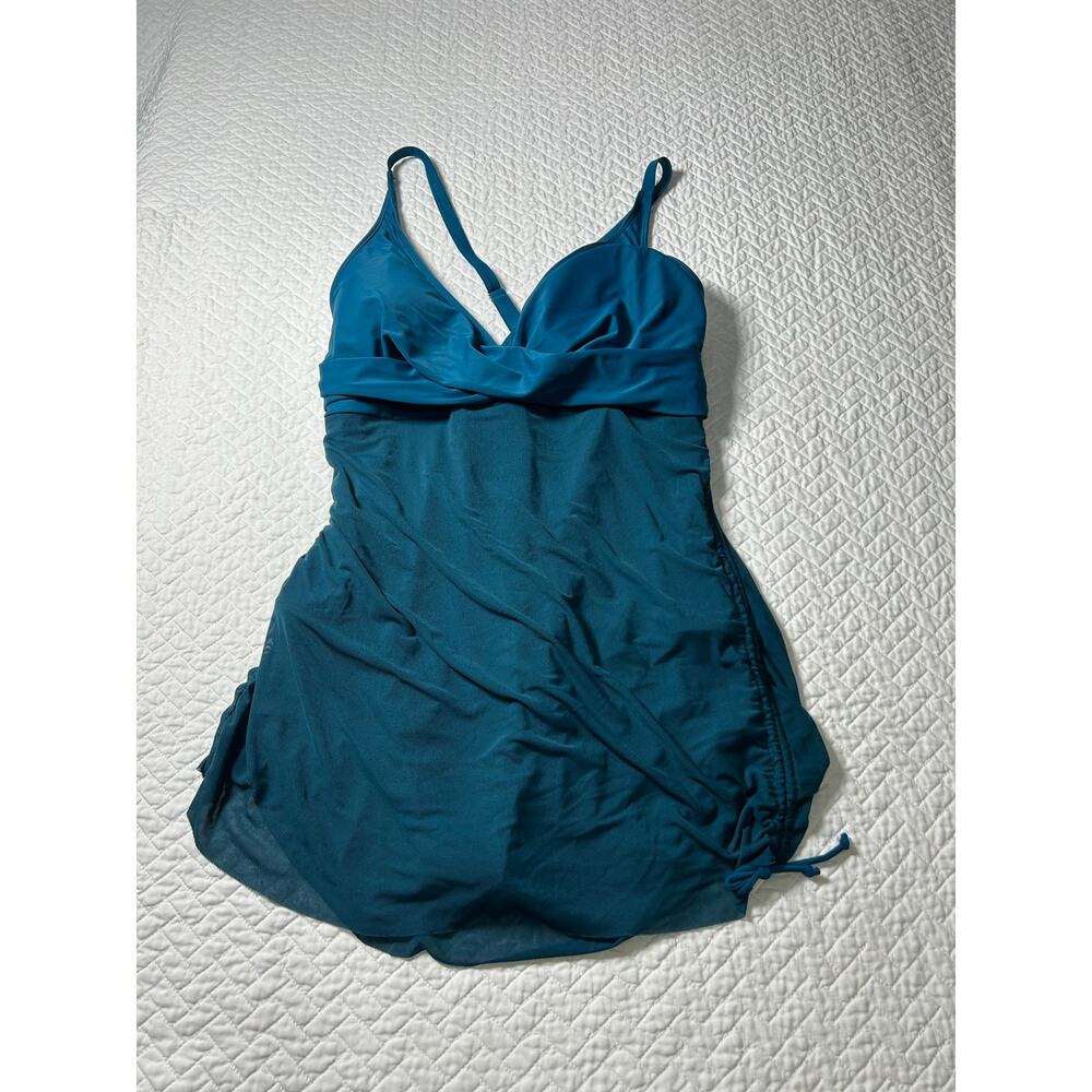 GORGEOUS TEAL ONE PIECE SWIMSUIT with ATTACHED SHEER SKIRT- B2PRITY / 4XL